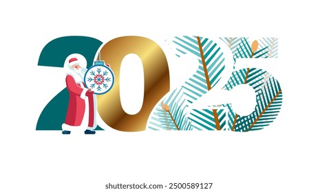 2025. Happy New Year 2025 numbers design, Christmas tree branches. Santa Claus, a toy. Business diary cover for 2025, holiday. Design template for brochure, card. Vector illustration, white background
