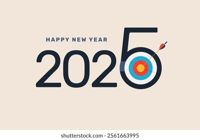 2025 Happy New Year. Numbers with target and arrow. Concept of making a plan and achieving goal in new year. Vector illustration.