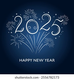 2025 Happy New Year on blue background. Lettering and fireworks in sky. Greeting card vector template.