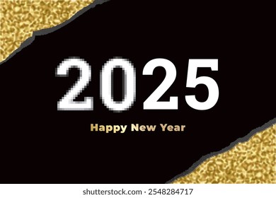 2025 Happy New Year Pixel Style Inverted Concept with Numerals Logo and Lettering Where Ages Number Twenty Appears Pixelized - Gold and White on Black Background - Vector Mixed Graphic Design