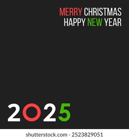 2025 happy new year poster, greeting card or social media post template, black background vector illustration