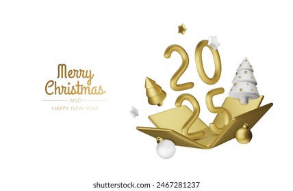 2025 Happy New Year. Realistic gift box Golden metal number. 3d render gold metallic sign and text letter. Christmas Poster, banner, cover card, brochure, flyer, layout design.