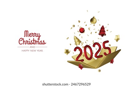 2025 Happy New Year. Realistic gift box Golden metal number. 3d render gold metallic sign and text letter. Christmas Poster, banner, cover card, brochure, flyer, layout design.