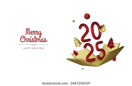 2025 Happy New Year. Realistic gift box Golden metal number. 3d render gold metallic sign and text letter. Christmas Poster, banner, cover card, brochure, flyer, layout design.