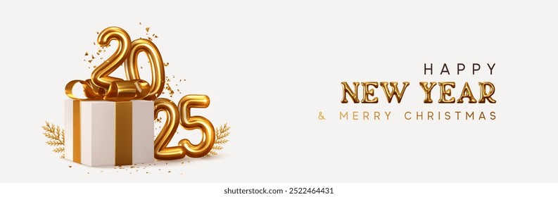 2025 Happy New Year. Realistic gift box Golden metal number. 3d render gold metallic sign and text letter. Celebrate party 2025. Christmas Poster, banner, cover card, brochure, flyer, layout design