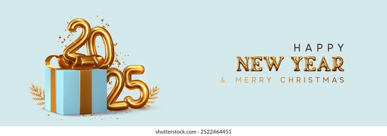 2025 Feliz año Nuevo. Caja de regalo realista Número de metal dorado. 3D render oro metálico signo y letra de texto. Celebra la fiesta 2025. Navidades Póster, Anuncio, tarjeta de la cubierta, folleto, volante, diseño de diseño