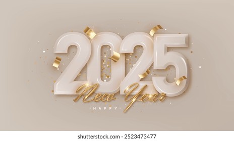 2025 Happy New Year. Realistic gold lettering New Year on Pastel number 2025