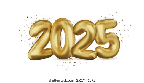 2025 Feliz Ano Novo. Caixa de presente realista Número de metal dourado. 3d renderiza o sinal metálico dourado e a letra do texto. Cartaz de Natal, banner, cartão de cobertura, brochura, folheto, design de layout.