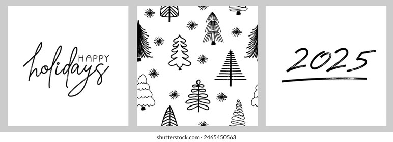 2025 Happy new year. Set of holiday posters. Trending templates with handwritten text. Typography vector designs for Happy New Year greeting cards and poster