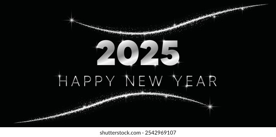 2025 Feliz Año Nuevo destello plateado sobre fondo negro