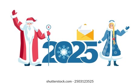 2025. Frohes neues Jahr 2025. Schneewittchen und Weihnachtsmann mit einem offenen Grußbrief für die Menschen. Geschenke für Neujahr und Weihnachtsfeiertage, Banner, Postkarte, Element, Kalender. Vektorgrafik