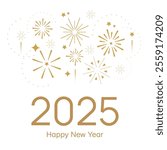  2025 happy new year square banner. Golden number with golden fireworks on the white background. Ney Year greeting template for social media and typography. Holidays concept.