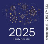 2025 happy new year square banner. Golden number with golden fireworks on the blue background. Ney Year greeting template for social media and typography. Holidays concept.