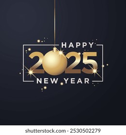 2025 Feliz Ano Novo quadrado banner fundo. 2025 números de ouro com bolas de Natal caindo e efeitos de luz brilhante