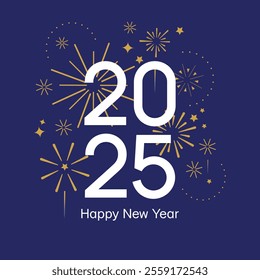  2025 happy new year square banner. Golden number with golden fireworks on the dark blue background. Ney Year greeting template for social media and typography. Holidays concept.