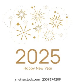  2025 happy new year square banner. Golden number with golden fireworks on the white background. Ney Year greeting template for social media and typography. Holidays concept.