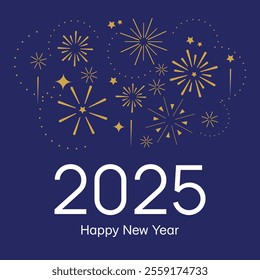 2025 happy new year square banner. Golden number with golden fireworks on the blue background. Ney Year greeting template for social media and typography. Holidays concept.