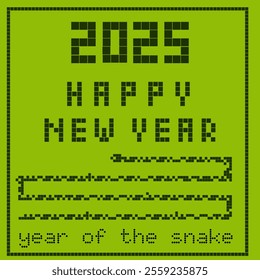 2025 Happy New Year square card. Year of the snake  background in retro pixel art style. Old fashioned phone game concept for new year celebration.