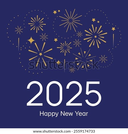 2025 happy new year square banner. Golden number with golden fireworks on the blue background. Ney Year greeting template for social media and typography. Holidays concept.
