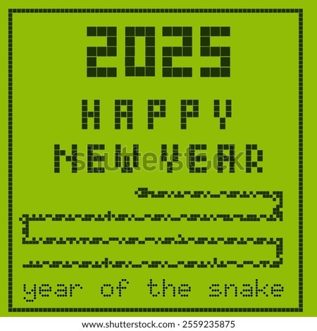 2025 Happy New Year square card. Year of the snake  background in retro pixel art style. Old fashioned phone game concept for new year celebration.