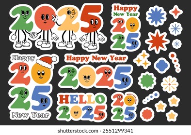 2025 Feliz Año Nuevo pegatinas pac. Personajes de dibujos animados Groovy. Conjunto retro divertido de 2025 mascota con cara emoción. Elementos cómicos en estilo de dibujos animados retro de moda. Ilustración vectorial