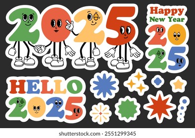 2025 Feliz Año Nuevo pegatinas pac. Personajes de dibujos animados Groovy. Conjunto retro divertido de 2025 mascota con cara emoción. Elementos cómicos en estilo de dibujos animados retro de moda. Ilustración vectorial