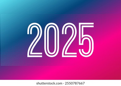 2025 Happy New Year symbol.  Blue pink gradient dotted background. Vector illustration for celebration, winter holiday, event, decoration, business, web design