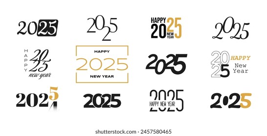 Símbolos de Feliz Año Nuevo 2025. Plantilla de diseño de números 2025. Diseño de texto del logotipo del Año Nuevo. Ilustración vectorial aislada sobre fondo blanco