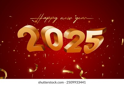 2025 happy new year template banner with modern 3d text effect and beautiful luxury shiny ornament abstract gradient red background design