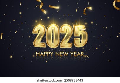 2025 happy new year template banner with modern 3d text effect and beautiful luxury shiny ornament abstract gradient black background design