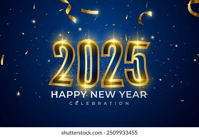 2025 happy new year template banner with modern 3d text effect and beautiful luxury shiny ornament abstract gradient blue background design