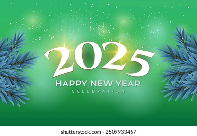 2025 happy new year template banner with modern 3d text effect and beautiful luxury shiny ornament abstract gradient green background design 2