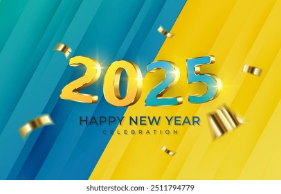 2025 happy new year template banner with modern 3d text effect and beautiful sparkle luxury shiny ornament abstract gradient yellow background design 12