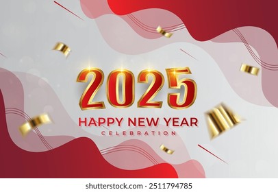 2025 feliz año nuevo Anuncio de Plantilla con moderno efecto de texto 3D y hermoso brillo lujoso adorno brillante abstracto gradiente de fondo rojo diseño 10