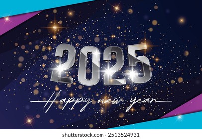 2025 happy new year template banner with modern 3d text effect and beautiful sparkle luxury shiny ornament abstract gradient blue background design 35