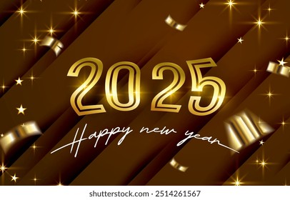 2025 happy new year template banner with modern 3d text effect and beautiful sparkle luxury shiny ornament abstract gradient brown background design 41