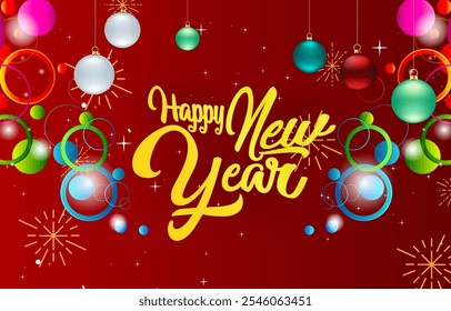 2025 happy new year template banner with modern 3d text effect and beautiful sparkle luxury shiny ornament abstract gradient red background design 017