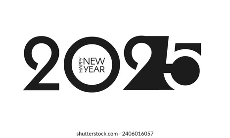 2025 Happy New Year text logo design. Holiday header. Black and white number. Typographic design.