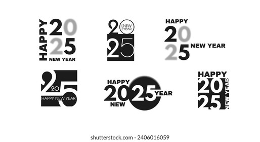 2025 Happy New Year text logo design. Holiday header. Black and white number. Typographic design.