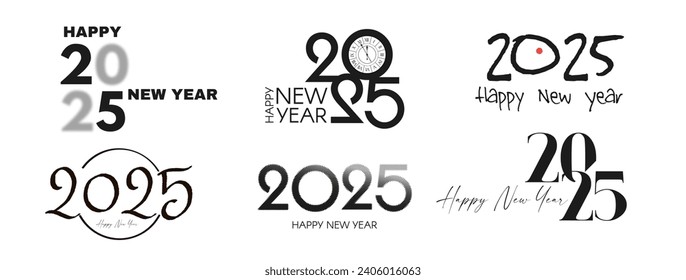 2025 Happy New Year text logo design. Holiday header. Black and white number. Typographic design.