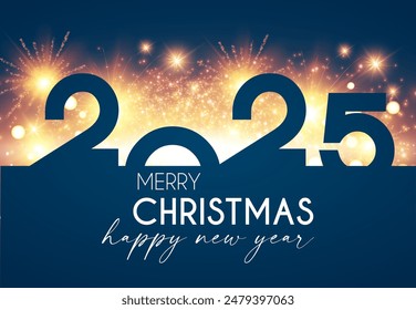 2025 Happy New Year text with bokeh and light effect. Holiday celebration banner