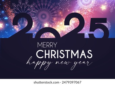 2025 Happy New Year text with bokeh and light effect. Holiday celebration banner