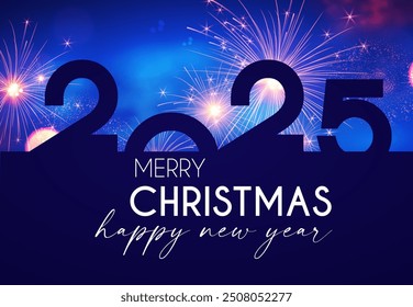 2025 Happy New Year text with bokeh and light effect. Holiday celebration banner