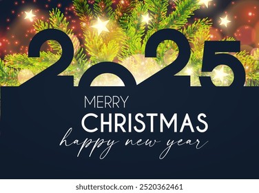 2025 Happy New Year text with bokeh and light effect. Holiday celebration banner