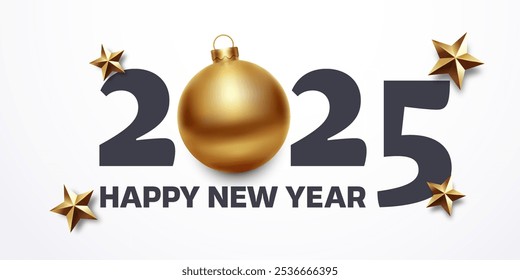 2025 Happy New Year text with golden stars and christmas ball. Vector banner background illustration for holiday greetings and new year's eve events