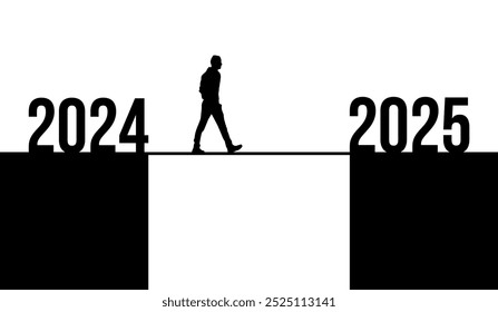 2025 Happy New Year transition concept a person moving from 2024 to 2025 crossing the bridge man silhouette walking from 2024 to 2025 through the bridge new year transition concept vector graphic