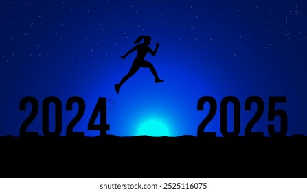 2025 Feliz año Nuevo concepto de transición mujeres saltando de 2024 a 2025 silueta femenina saltando de 2024 a 2025 con una escena nocturna o cielo azul con estrellas en fondo Gráfico de transición de año Nuevo