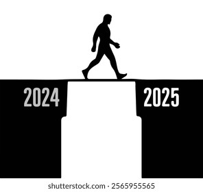 2025 Happy New Year transition concept a person moving from 2024 to 2025 crossing the bridge man silhouette