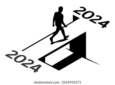 2025 Happy New Year transition concept a person moving from 2024 to 2025 crossing the bridge man silhouette