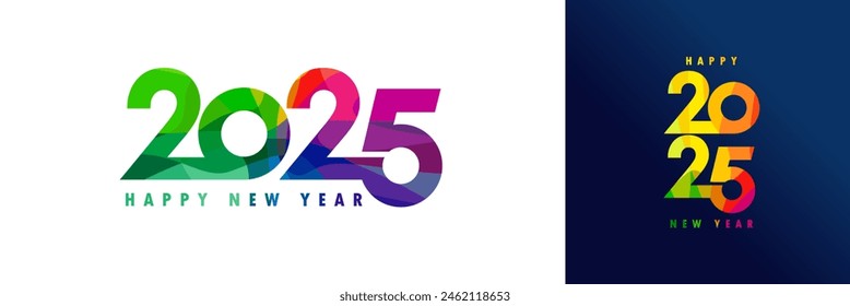 2025 Happy New Year typography colored facet logo design. Numbers 2025 from colored stained glass, Happy New Year creative style elements. Vector illustration